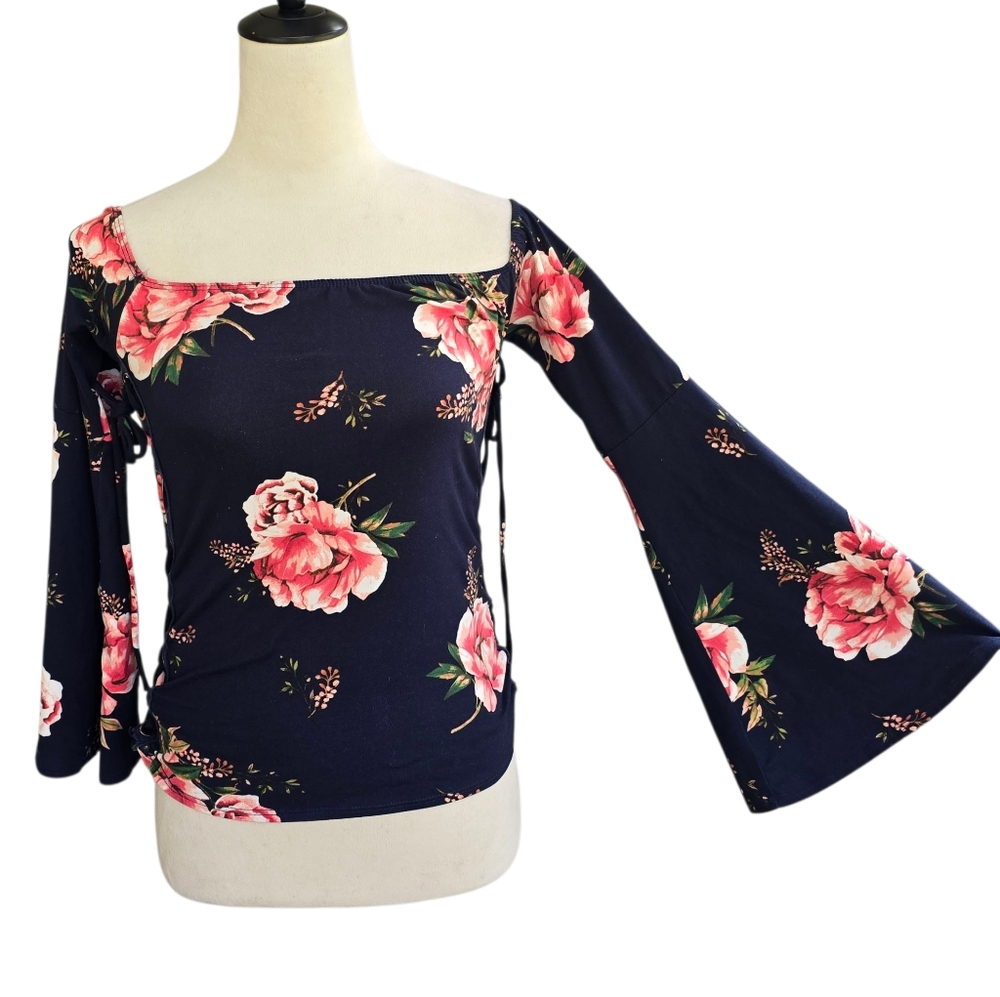 Minette Elegant Floral Off-Shoulder Blouse Navy Pink Long Flare Sleeve Size S